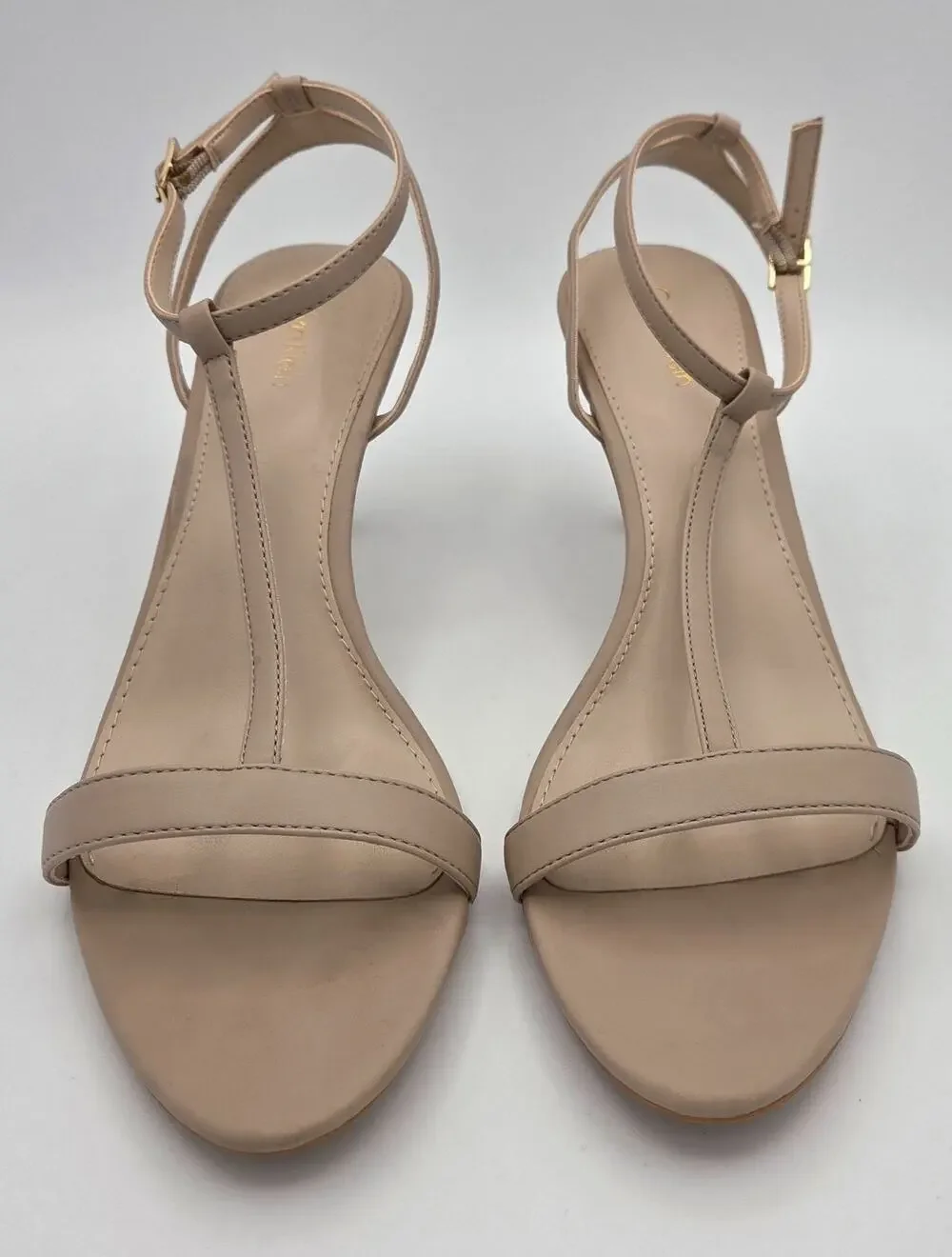 NEW IN BOX Calvin Klein Lola T-Strap Heels Nude Beige Strappy Sandal 9.5 NIB